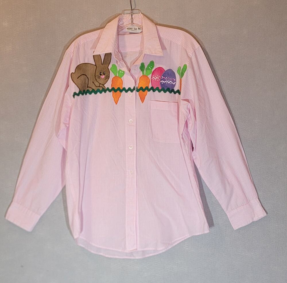 Vintage Shane Lee Inc Easter Bunny Applique Gingham Button Down Shirt M/L